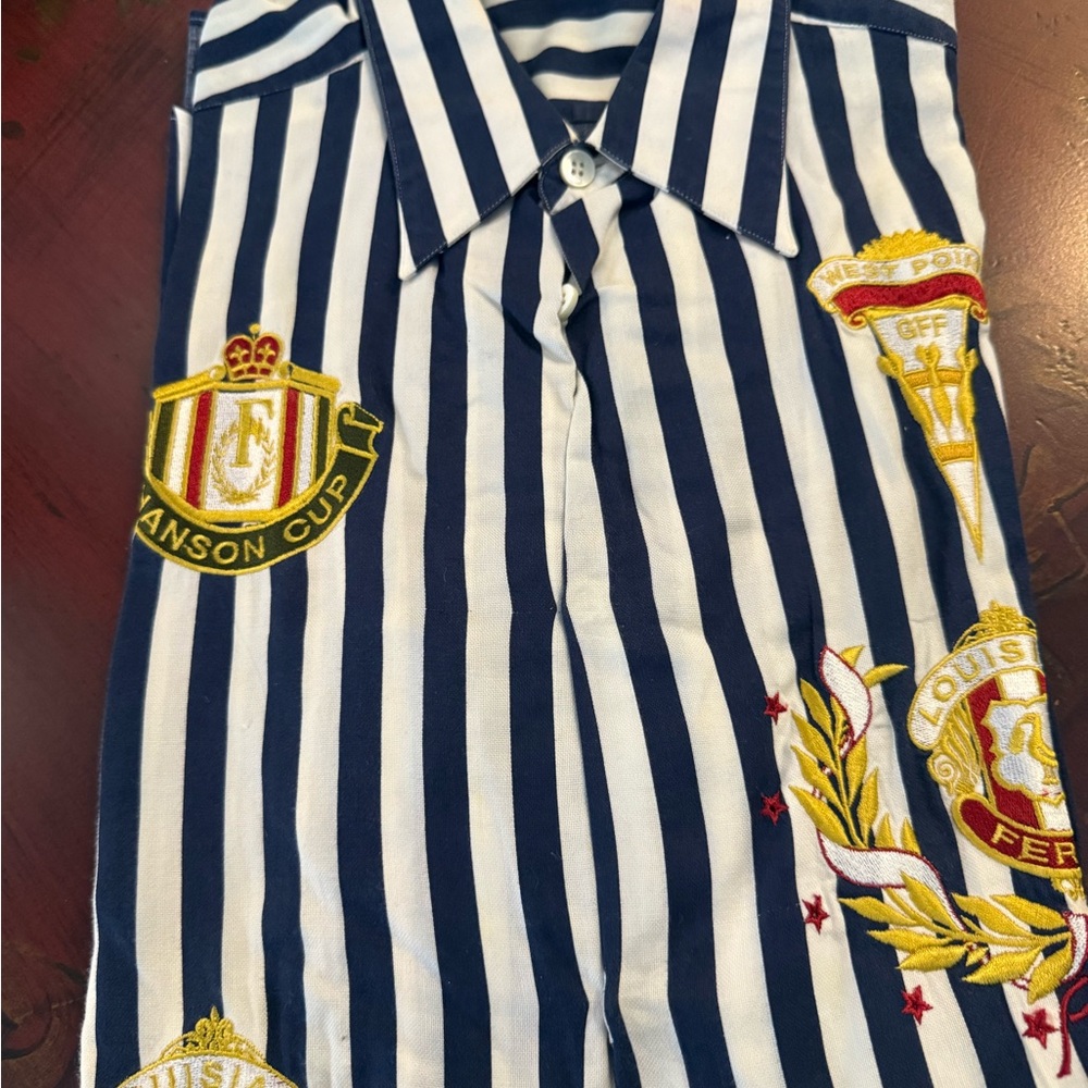 Gianfranco Ferre Blue and White Striped Shirt with Crests